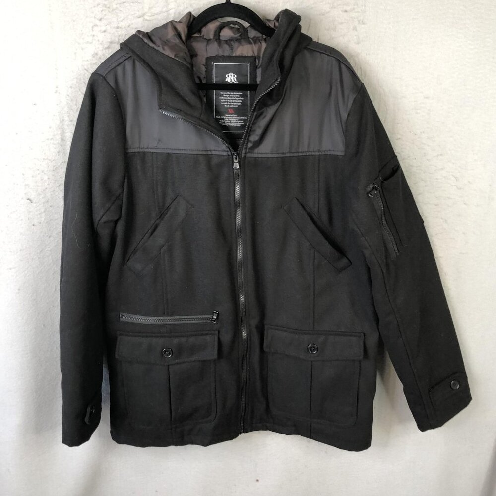 Rock & Republic Jacket Mens XL Black Hooded Full Zip Camo Lined military utility